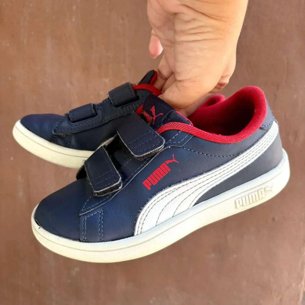 PUMA Unisex Smash Velcro Closure Sneakers in Red White + Blue